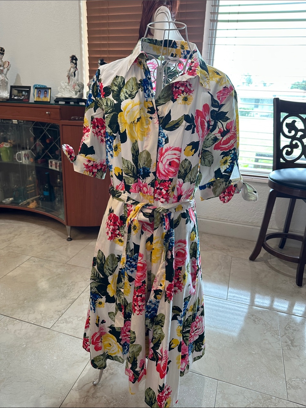 Calvin Klein White Floral Midi Shirt Dress with Pink, Yellow & Green Blossoms